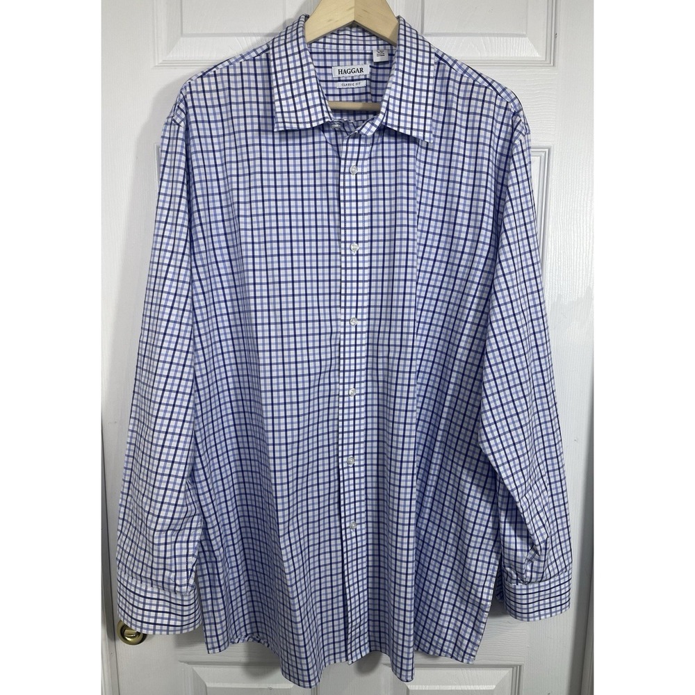 Haggar Classic Fit Dress Shirt 18-18.5 36/37 Blue Check Stretch Cotton EUC